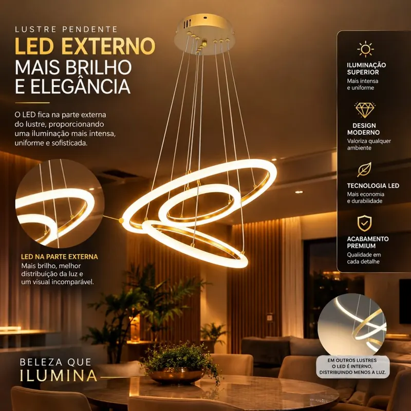Pendente Viana de três anéis LED dourados aceso sobre mesa de jantar