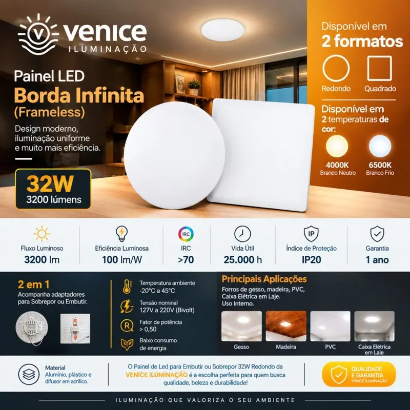 Painéis LED Borda Infinita redondo e quadrado, com especificações técnicas