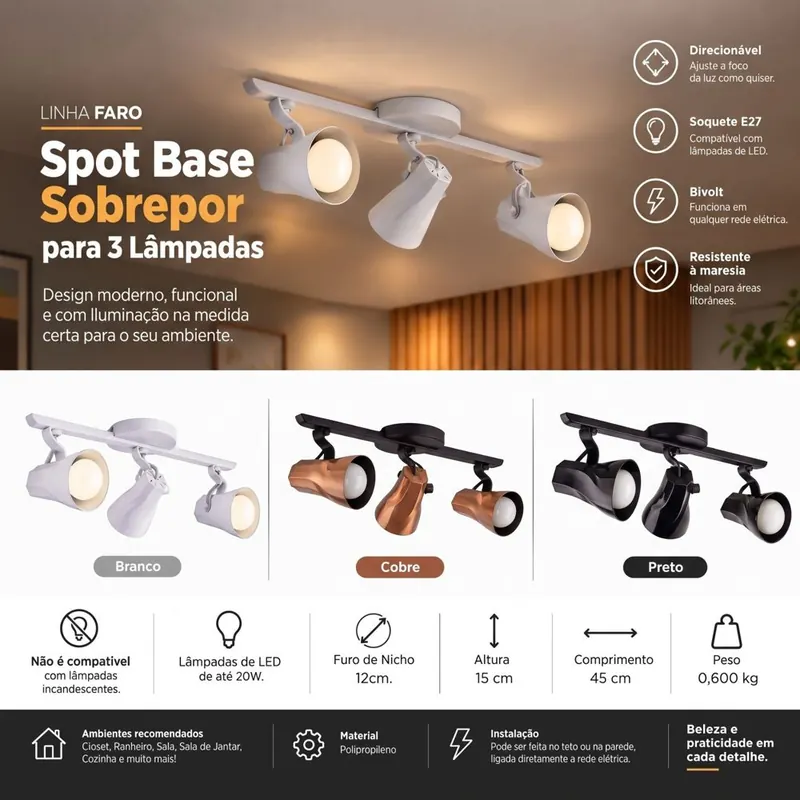 Spot Faro de três lâmpadas nas cores branco, cobre e preto
